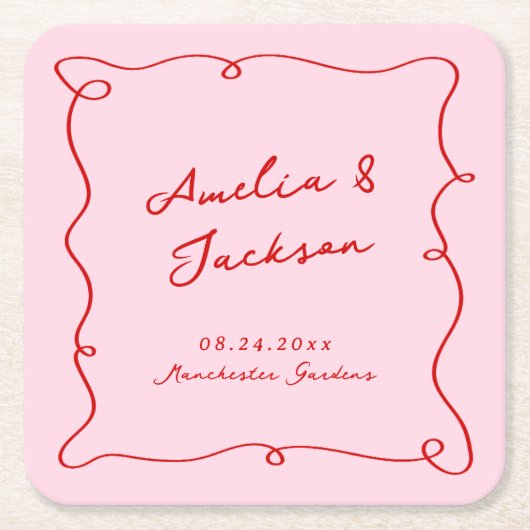 Whimsical Hand getekend Roze & Rode bruiloft Kartonnen Onderzetters (Voorkant)