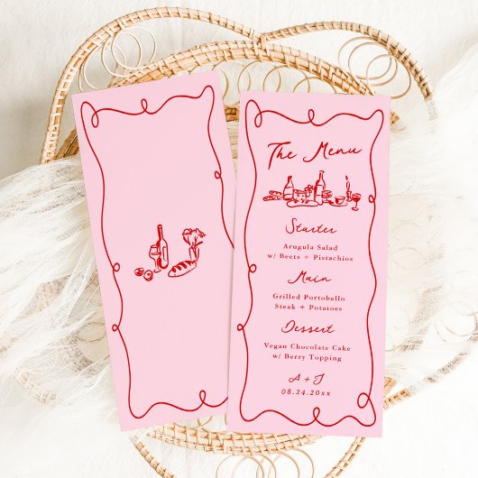 Whimsical Hand getekend Roze & Rode bruiloft Menu