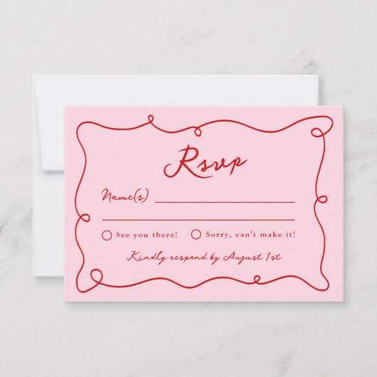 Whimsical Hand getekend Roze & Rode bruiloft RSVP Kaart (Voorkant)