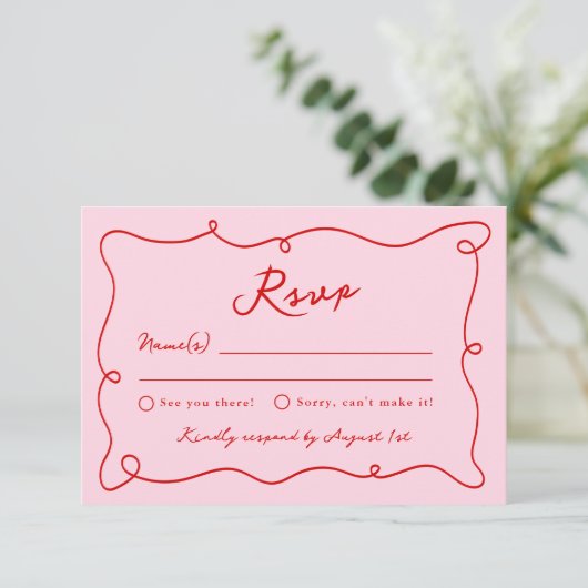 Whimsical Hand getekend Roze & Rode bruiloft RSVP Kaart (Staand voorkant)