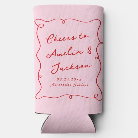 Whimsical Hand getekend Roze & Rode bruiloft Seltzer Blikjeskoeler (Achterkant)