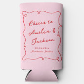Whimsical Hand getekend Roze & Rode bruiloft Seltzer Blikjeskoeler (Voorkant)