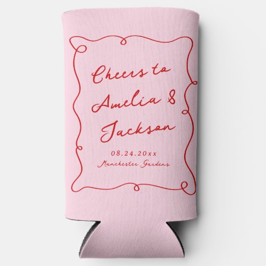 Whimsical Hand getekend Roze & Rode bruiloft Seltzer Blikjeskoeler (Voorkant)