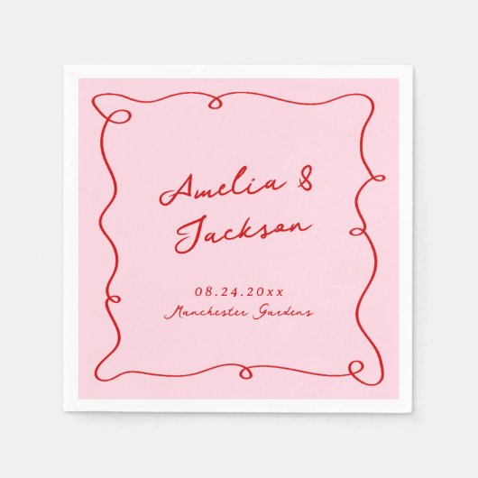 Whimsical Hand getekend Roze & Rode bruiloft Servet (Voorkant)