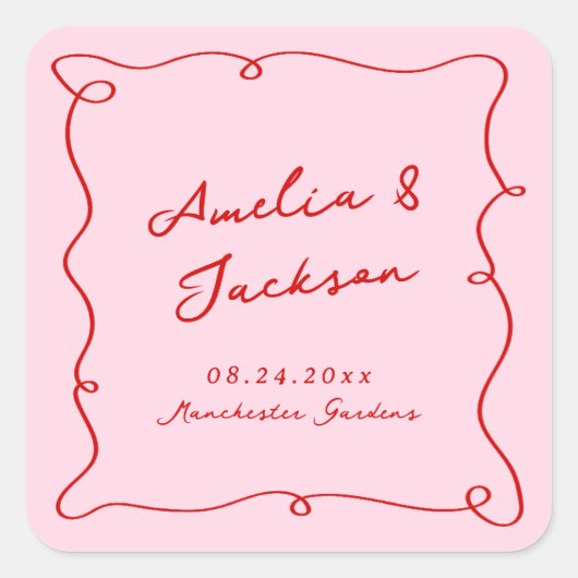Whimsical Hand getekend Roze & Rode bruiloft Vierkante Sticker (Voorkant)