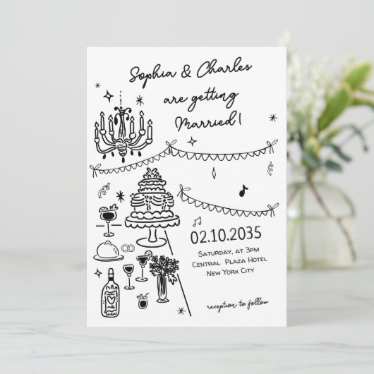 Whimsical Hand getekend zwart-wit bruiloft Kaart (Staand voorkant)