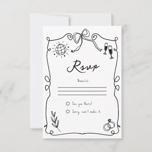 Whimsical Hand getekend zwart-wit bruiloft RSVP Kaartje (Voorkant)