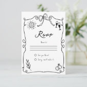 Whimsical Hand getekend zwart-wit bruiloft RSVP Kaartje (Staand voorkant)