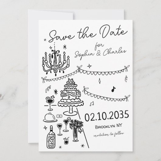 Whimsical Hand getekend Zwarte Illustratie Trouwen Save The Date (Voorkant)