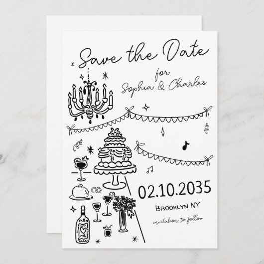 Whimsical Hand getekend Zwarte Illustratie Trouwen Save The Date (Voorkant / Achterkant)