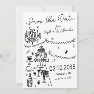 Whimsical Hand getekend Zwarte Illustratie Trouwen Save The Date