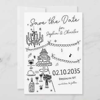 Whimsical Hand getekend Zwarte Illustratie Trouwen Save The Date