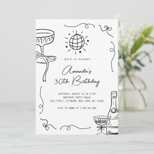 Whimsical Hand Getekende 30e Verjaardagsfeestje Kaart (Staand voorkant)