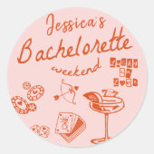 Whimsical Hand Getekende Cocktail Bachelorette Wee Ronde Sticker (Voorkant)