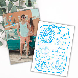 Whimsical Hand Getekende Doodle Blauwe Bruiloft Save The Date