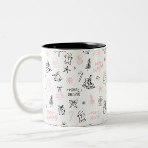 Whimsical Hand Getekende Doodle Kerst Roze Zwart Tweekleurige Koffiemok