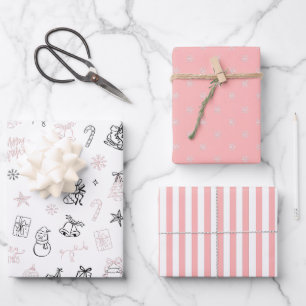 Whimsical Hand Getekende Doodle Kerstmis Roze Zwar Inpakpapier Vel
