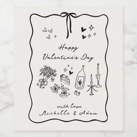 Whimsical, hand getekende elementen Valentijnsdag Wijn Etiket (Enkel label)