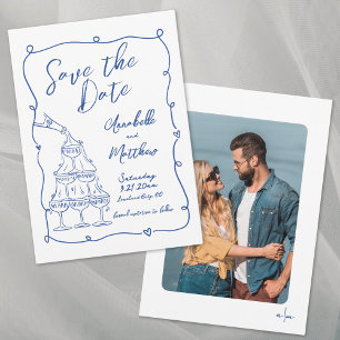 Whimsical Hand Getekende Foto Blauwe Trouwdag Save The Date
