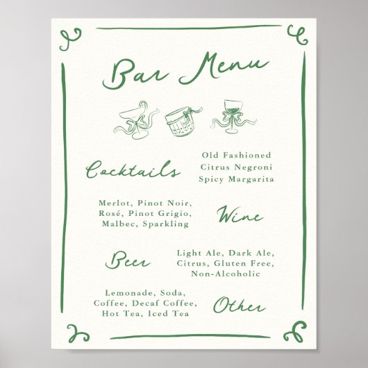Whimsical Hand getekende groene bar menu Poster (Voorkant)