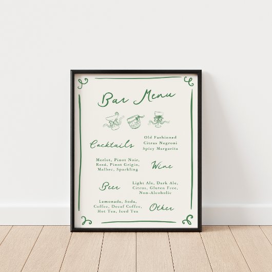 Whimsical Hand getekende groene bar menu Poster