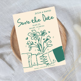 Whimsical Hand Getekende Groene Bloemige Trouw Sav Save The Date