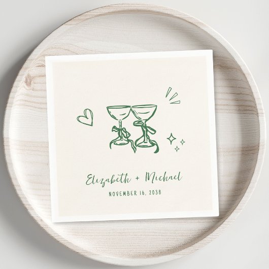 Whimsical Hand Getekende Groene Crème Huwelijk Servet