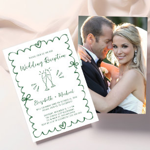 Whimsical Hand Getekende Groene Foto Bruiloftsrece Kaart