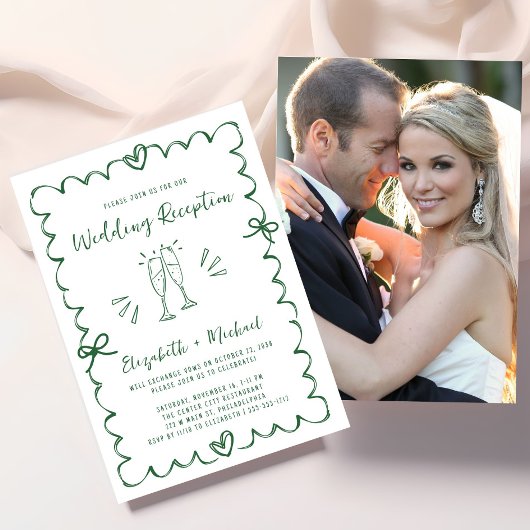 Whimsical Hand Getekende Groene Foto Bruiloftsrece Kaart