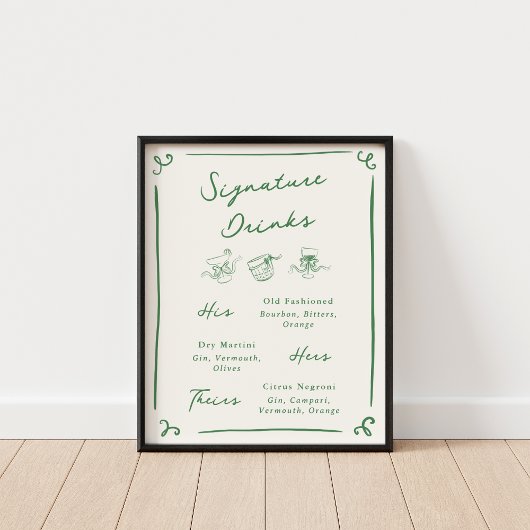 Whimsical Hand getekende groene handtekening Drink Poster