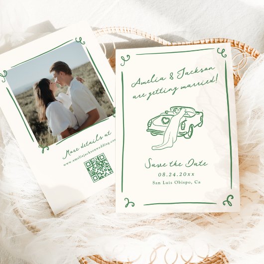 Whimsical Hand Getekende Groene QR Code 'Save the Kaart