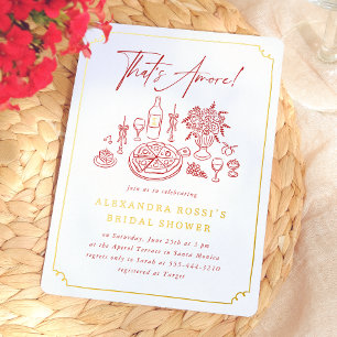 Whimsical Hand Getekende Pizza & Wijn Bruidsdiner Folie Uitnodiging