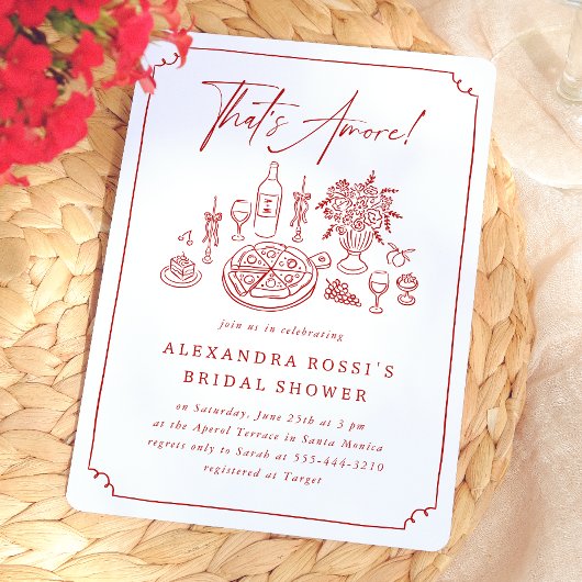 Whimsical Hand Getekende Pizza & Wijn Bruidsdouche Kaart