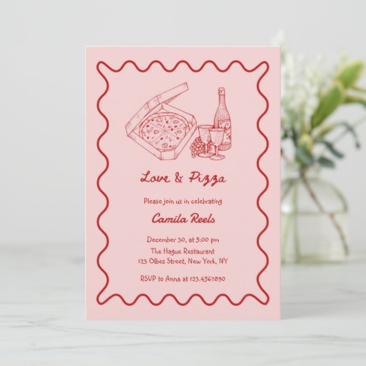 Whimsical Hand Getekende Pizza & Wijn Bruidsmeisje Kaart (Staand voorkant)