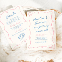 Whimsical Hand Getekende Roze & Blauwe Trouw + Det