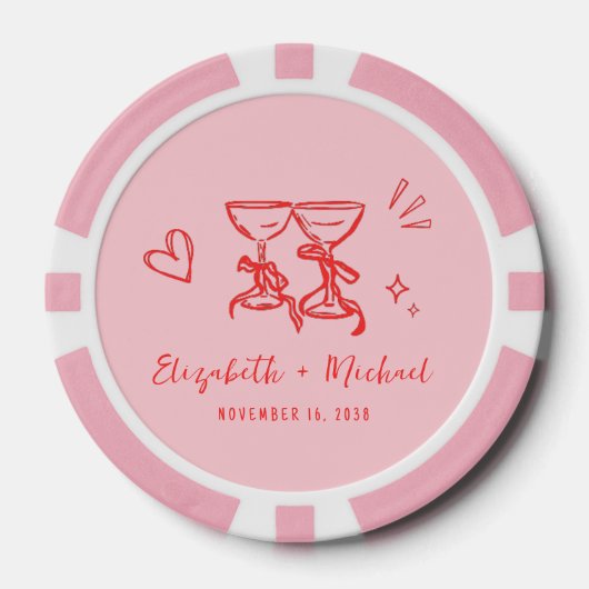 Whimsical Hand Getekende Roze Rode Huwelijk Poker Chips (Voorkant)