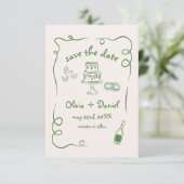 Whimsical Hand Getekende Trouw Franse Groen Save The Date (Staand voorkant)