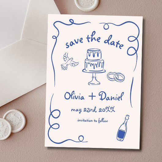 Whimsical Hand Getekende Trouw Franse Marineblauw Save The Date