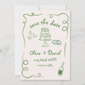 Whimsical Hand Getekende Trouwfoto Groen Save The Date (Voorkant)