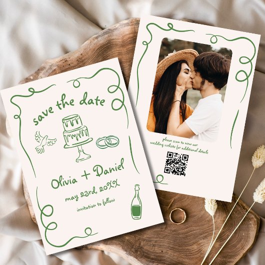 Whimsical Hand Getekende Trouwfoto Groen Save The Date