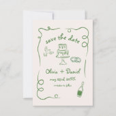 Whimsical Hand Getekende Trouwfoto Groen Save The Date (Voorkant)