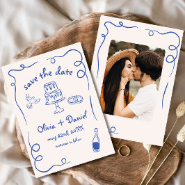 Whimsical Hand Getekende Trouwfoto Marineblauw Save The Date