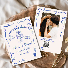 Whimsical Hand Getekende Trouwfoto Marineblauw Save The Date