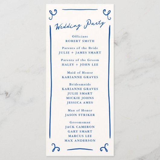 Whimsical Hand Getrokken Blauw Huwelijksprogramma  Menu (Achterkant)