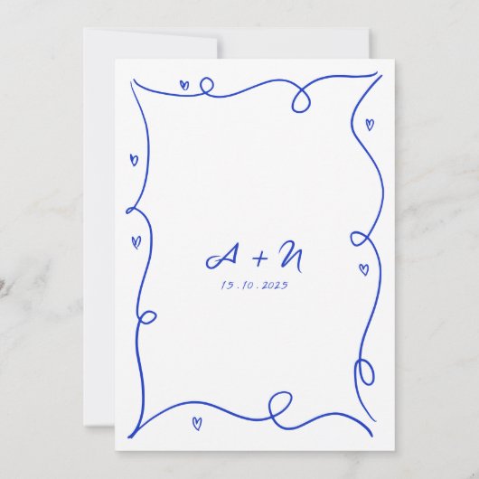 Whimsical Hand Getrokken Blauw Monogram Bruiloft Kaart (Achterkant)