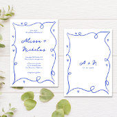 Whimsical Hand Getrokken Blauw Monogram Bruiloft Kaart