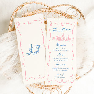 Whimsical Hand Getrokken Blauw & Roze Bruiloft Menu