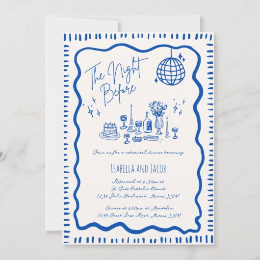 Whimsical Hand Getrokken Blauw Wavy Repetitie Dine Kaart (Voorkant)