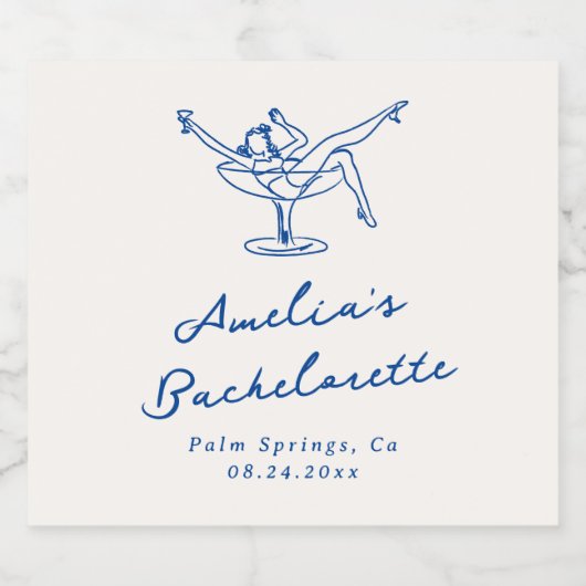 Whimsical Hand getrokken Blauwe Bachelorette Sparkling Wijnetiket (Enkel label)