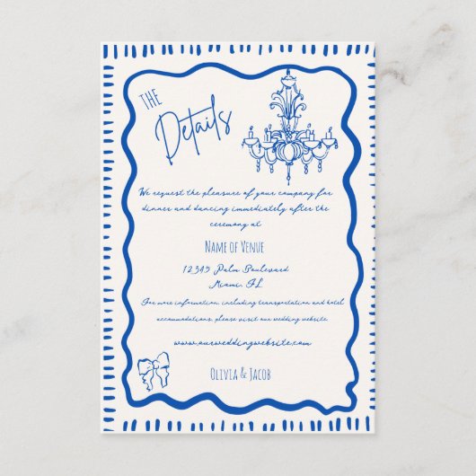 Whimsical Hand Getrokken Blauwe Bow Wavy Bruiloft  Informatiekaartje (Voorkant)